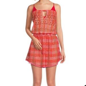 Ramy Brook Maja Metallic Pink and Red Lace Mini Dress Cover Up
